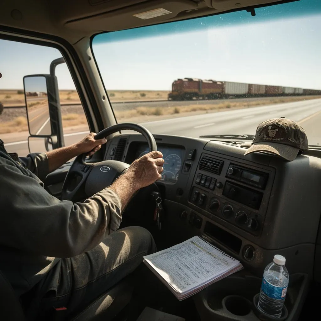 Driver's hands on a commercial truck steering wheel, paper logbook on the console, West Texas highway through the windshield