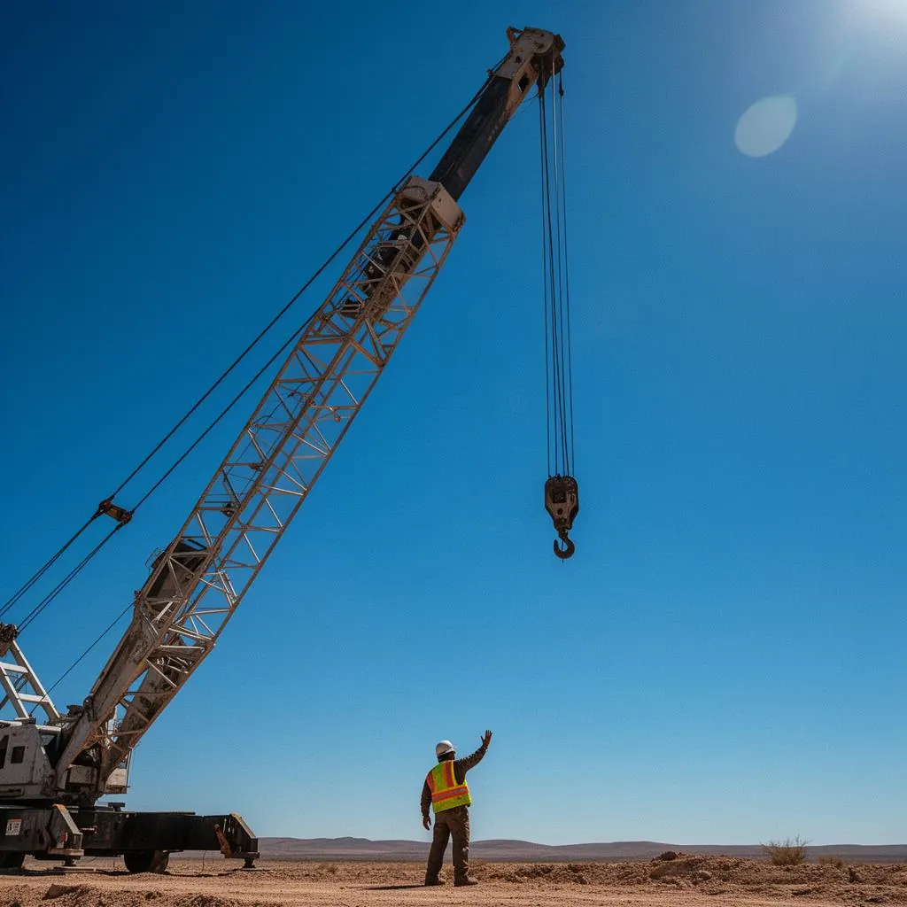 Mobile crane boom extended against a hard blue desert sky, ground signaler in safety vest below
