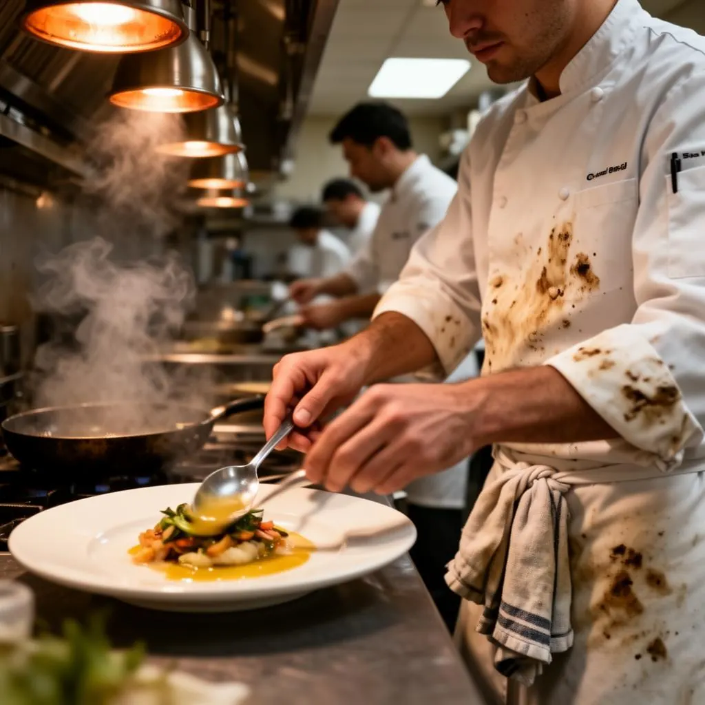 Line cook plating a dish mid-service in a busy commercial kitchen under heat lamps