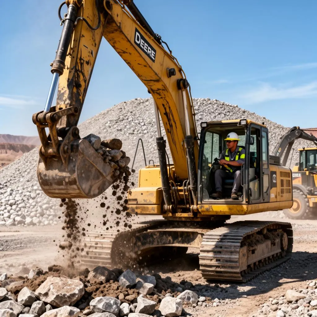 Excavator mid-swing in an El Paso gravel pit, dirt falling from the bucket, operator focused in the cab